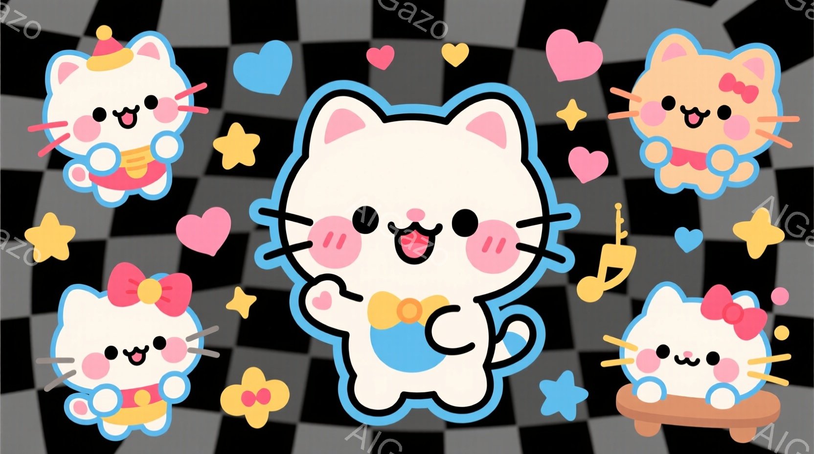 かわいい子犬のキャラクターが複数描かれており、それぞれピンクのリボンと首輪をつけています。メインの子犬は青い服を着て踊っているようなポーズをとっており、背景にはハートや星、音符が散りばめられています。 - AI生成フリー素材