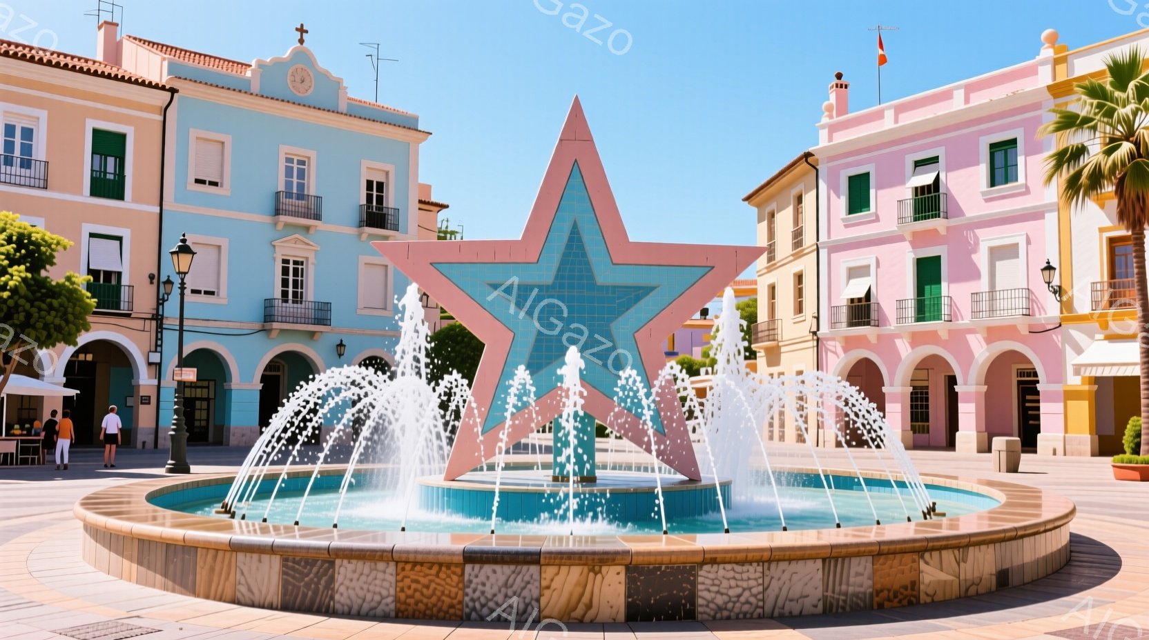 広場の中央には、水が噴き出す星型の噴水が設置されており、周囲には大理石調の円形の構造物が広がっています。背景にはパステルカラーの建物が立ち並び、青空と白い雲が広がっています。数人の人々が歩いており、リ - AI生成フリー素材