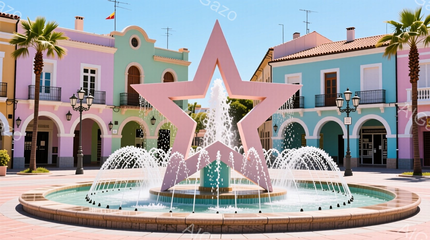 広場の中央には、ピンク色の大きな星形の噴水があり、水が勢いよく吹き出している。背景には、パステルカラーの可愛らしい建物が並び、青空とヤシの木が南国リゾートの雰囲気を醸し出している。全体的に明るく、陽気 - AI生成フリー素材