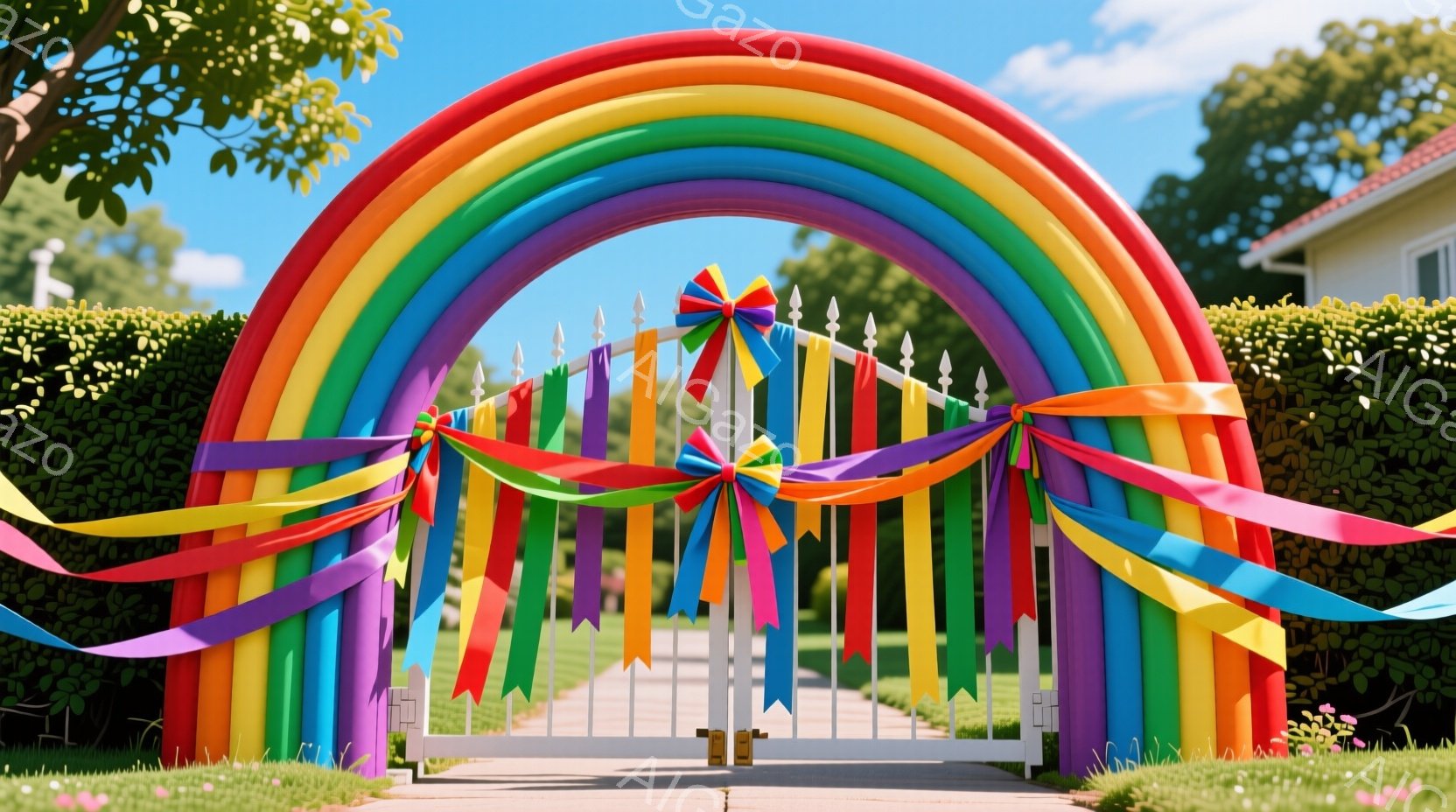 リラックスした対面を持つ砂色の空間に設置された多色鮮やかな大きな雨bowの前です。中心で赤い雨bowが伸び、右側は薄い青色の天空に沿って虹のような彩りを持つ雨bowでしょう。 広い前面に覆われた綺麗な草地と白家屋が周辺の景色です。大きな雨bowは、歩いてくださる人々を出迎えます。