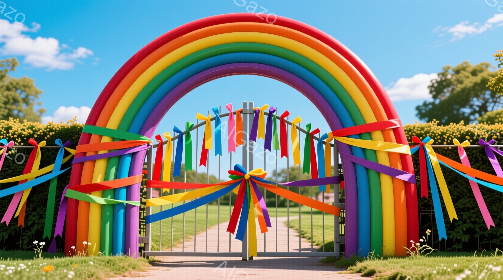 緑豊かな芝生の上に立つ、虹色のアーチ型の装飾が写っています。アーチは、様々な色のリボンで飾られ、中央には大きなリボンのお供え物があります。背景には、緑の生垣と、遠くに見える砂利道の道があり、晴天の下で明るく、お祝いの雰囲気を醸し出しています。