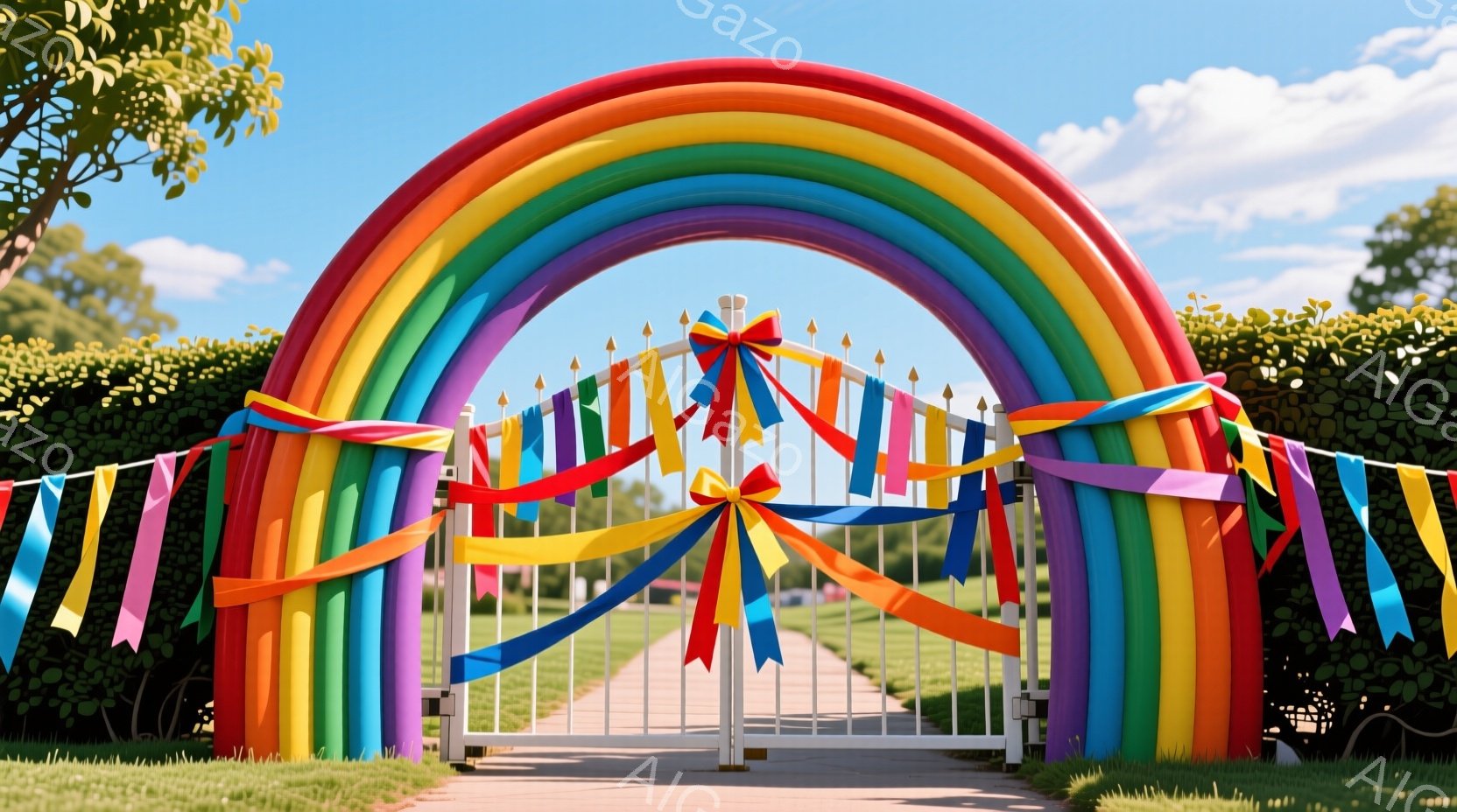 青空の下、虹色のアーチが白いゲートの上に飾られています。ゲートの両脇には整った緑の生垣があり、アーチからはカラフルなリボンが垂れ下がって、華やかで祝祭的な雰囲気を醸し出しています。ゲートの先には、石畳の道が伸びており、穏やかで平和な情景が広がっています。