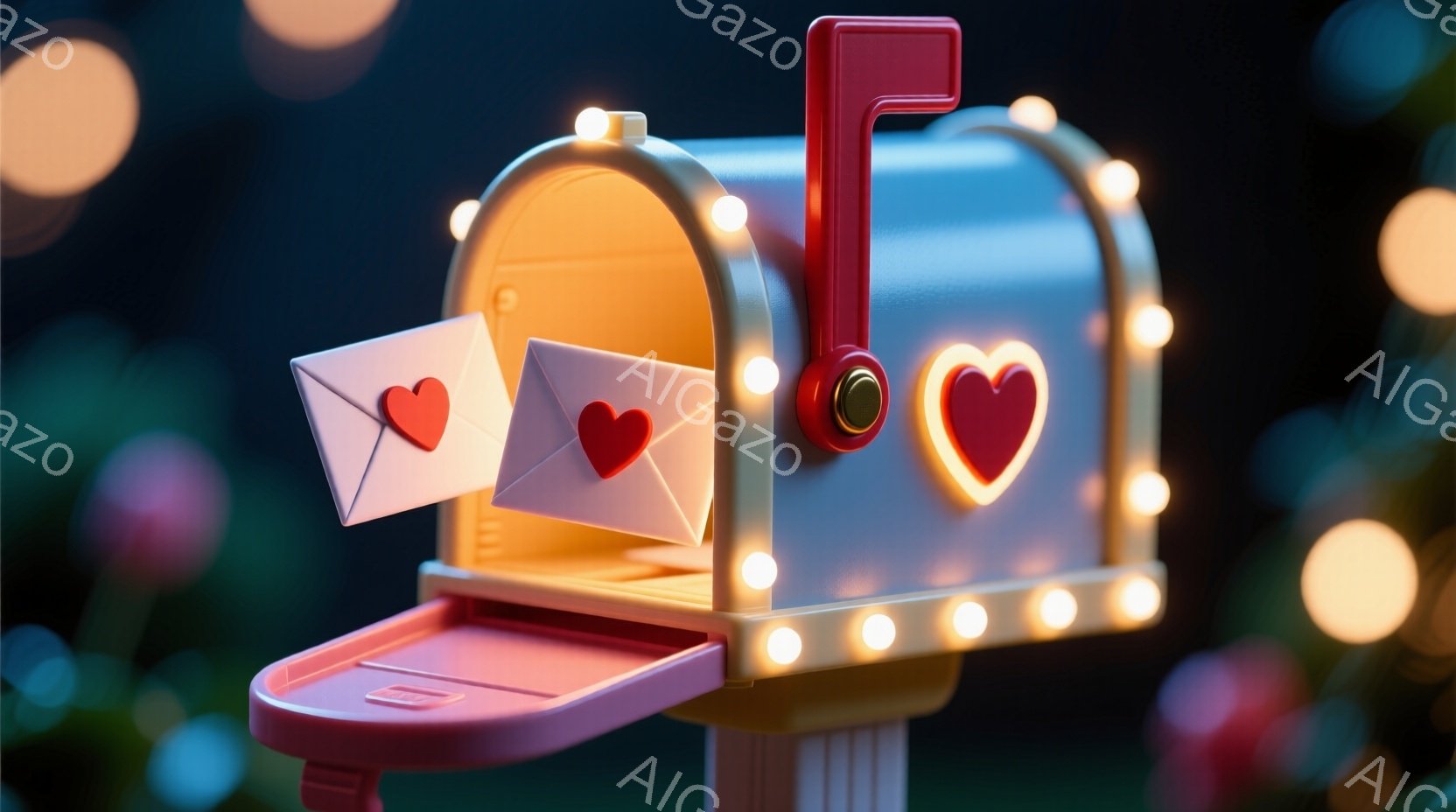 明るいピンク色のメールボックスが描かれており、その中からハートの模様が入った手紙がいくつか飛び出しています。メールボックスは温かい光を放つ電球で飾られ、全体的にロマンチックで優しい雰囲気を醸し出してい - AI生成フリー素材