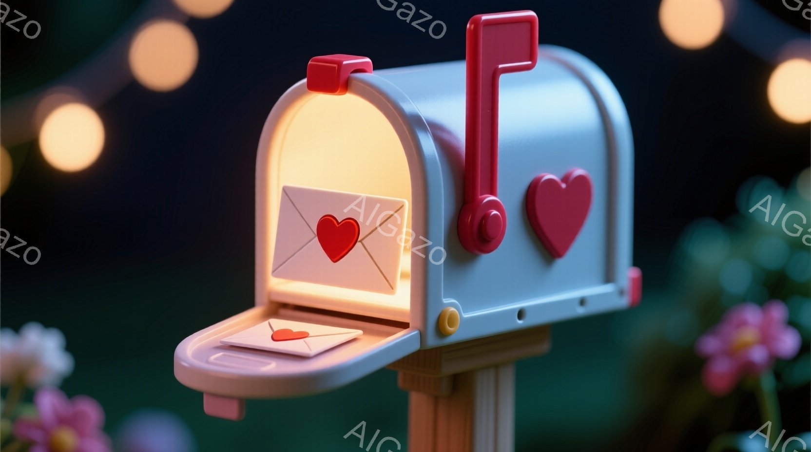 白い郵便受けが、開いた状態で映っています。中には赤いハート型の封筒が二通入っており、可愛らしい雰囲気を醸し出しています。背景は緑の葉っぱとピンクの花、そしてぼんやりとした光の玉で彩られ、ロマンチックで - AI生成フリー素材