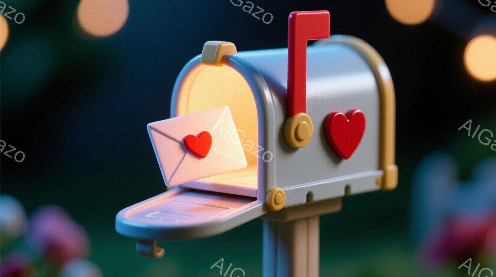 開いた手紙箱のクローズアップです。手紙箱は白く、明るい赤色の旗とハート型のステッカーで飾られています。背景にはぼやけたピンクの花と、ぼんやりとした光の玉が散りばめられており、暖かくロマンチックな雰囲気を作り出しています。