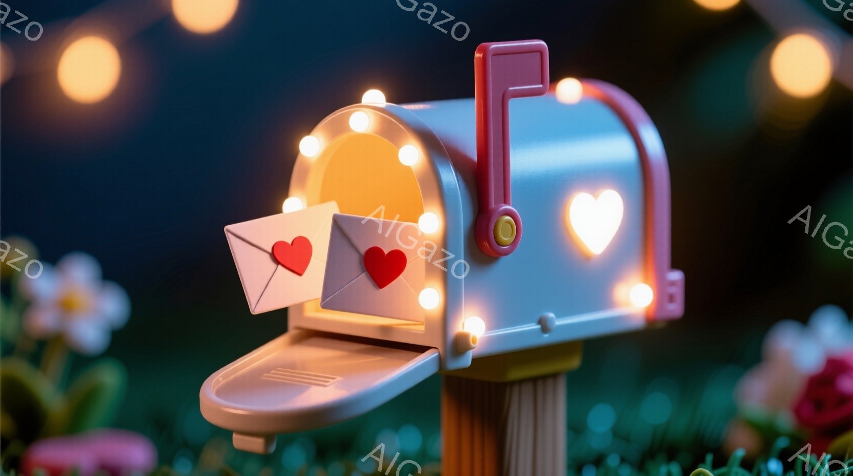 白い郵便ポストが開いており、中には赤いハートの絵柄が入った手紙が2通入っています。ポストの周りにはカラフルな花が咲き乱れ、小さな電球が光り輝き、ロマンチックで温かい雰囲気を醸し出しています。背景は暗く、まるで夜空のような印象で、ファンタジックな情景を描き出しています。