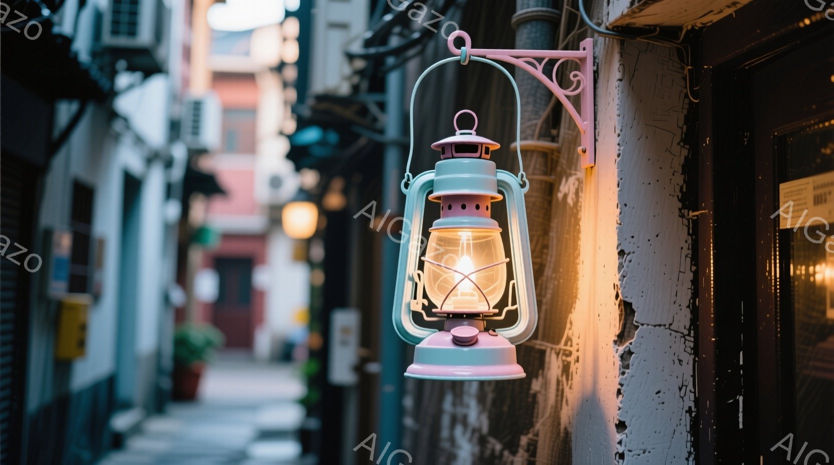 古い街並みの中に、レトロなランタンが壁に取り付けられています。ランタンは淡い水色とピンク色で、暖かく優しい光を放ち、周囲の暗い路地を照らしています。背景には石畳の道と古い建物が続き、ノスタルジックで静かな雰囲気を醸し出しています。