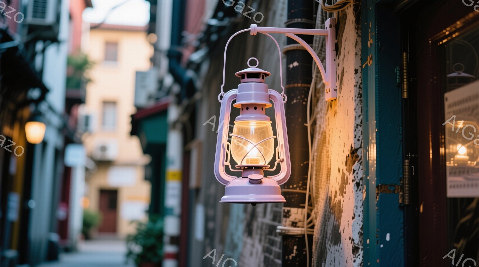 古い街並みに設置された、淡いラベンダー色の石油ランプが印象的な写真です。ランプは壁に取り付けられ、温かい光を放ち、周囲の建物や路地を照らしています。背景には、赤や青の壁の建物が並び、薄暗い路地が続く、ノスタルジックで趣のある雰囲気を感じさせます。