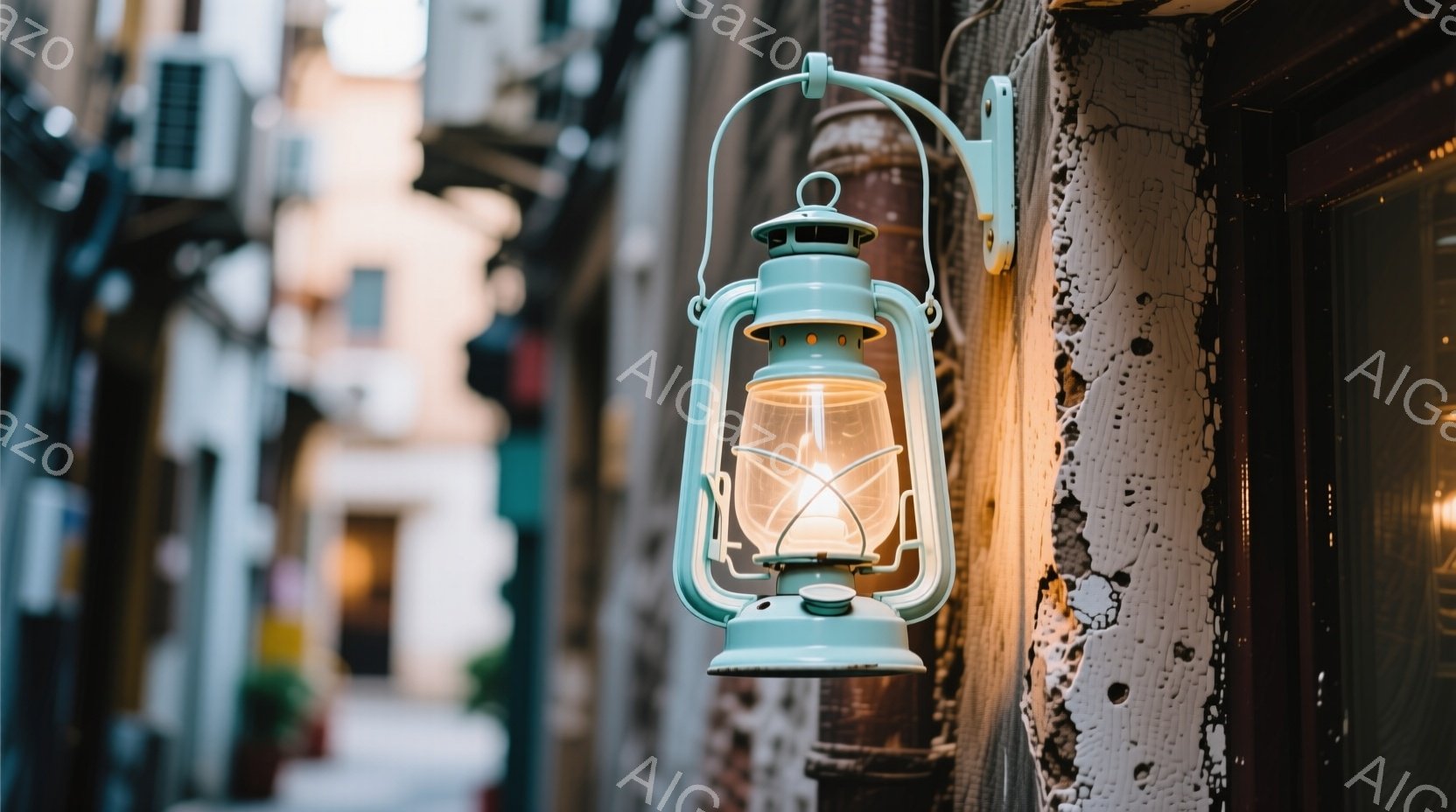 薄緑色の古いランタンが、剥がれかけた白い壁に取り付けられています。背景には石造りの建物が密集し、路地裏の落ち着いた雰囲気が漂っています。光が壁に柔らかく当たり、ノスタルジックで静寂な空間を演出しています。