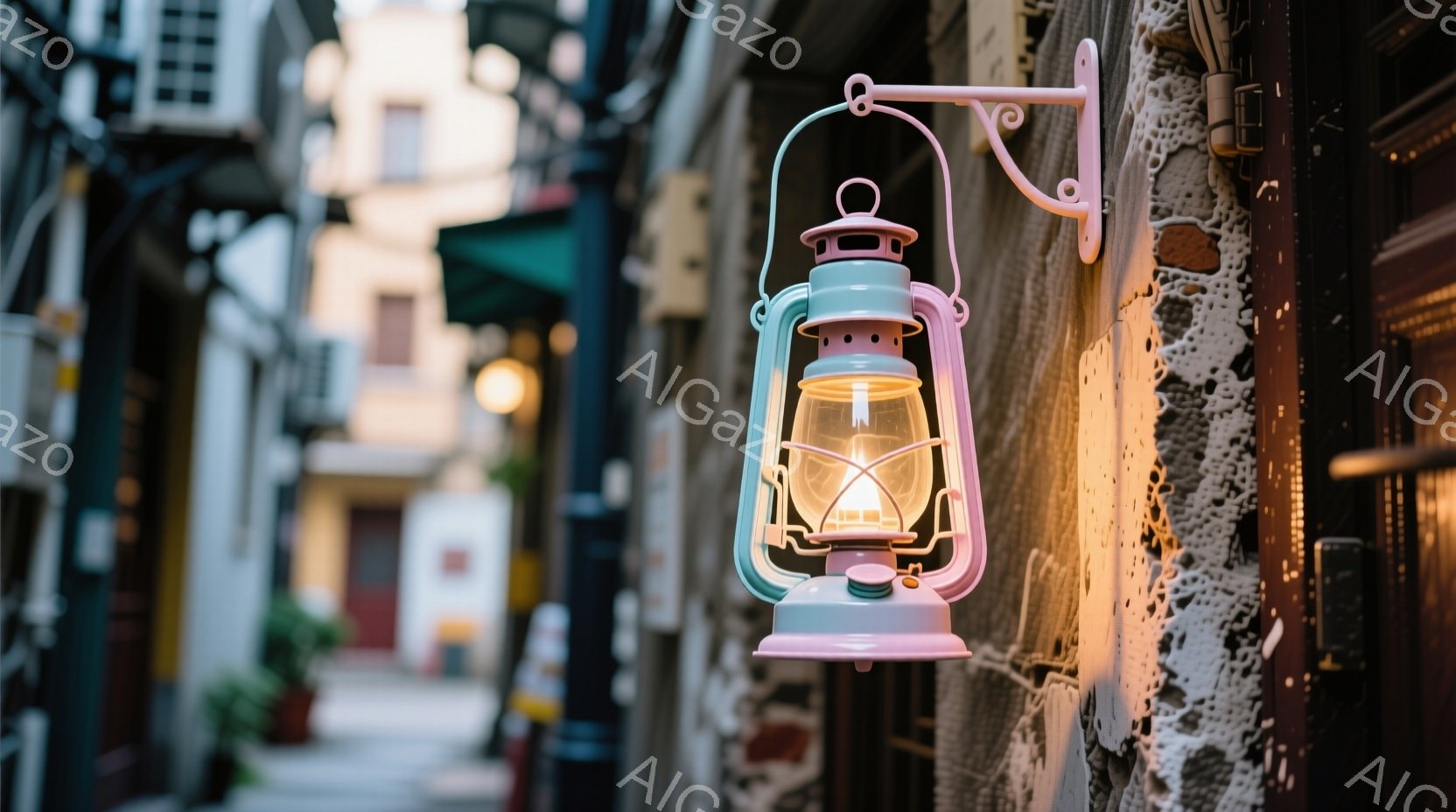 古い街並みの壁に、レトロなランタンが取り付けられている。ランタンは水色とピンクの色合いで、優しい光を放ち、周囲のレンガの壁を暖かく照らしている。背景には、石畳の道と、ぼやけた建物のシルエットが見え、ノスタルジックで静かな雰囲気を醸し出している。