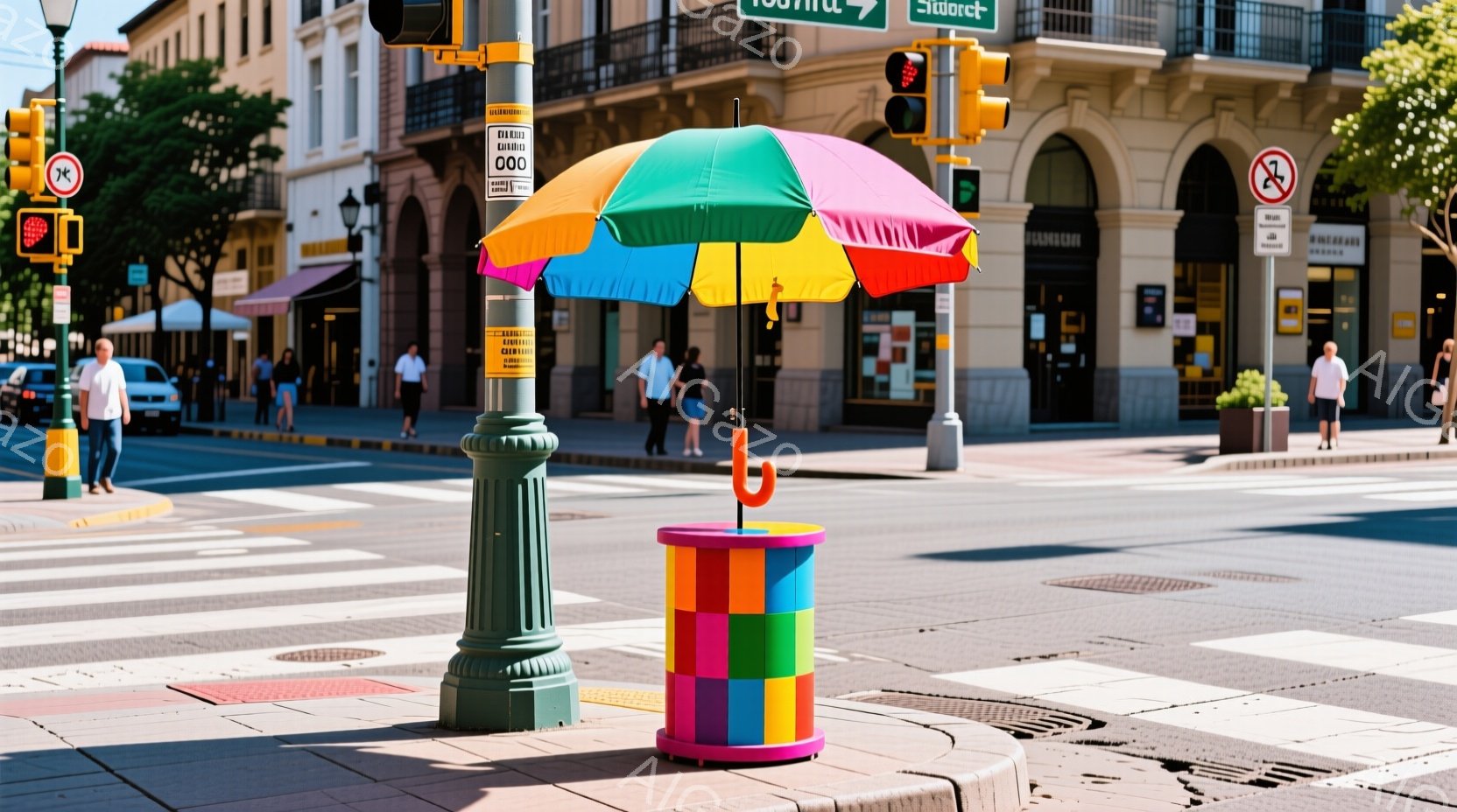 明るい日差しの下、カラフルな傘と水色のバケツが取り付けられた柱が交差点に立っている。背景には、石造りの建物が並び、緑の木々がわずかに見える。歩道には人が少し見え、交差点はゼブラクロスで区切られている。 - AI生成フリー素材