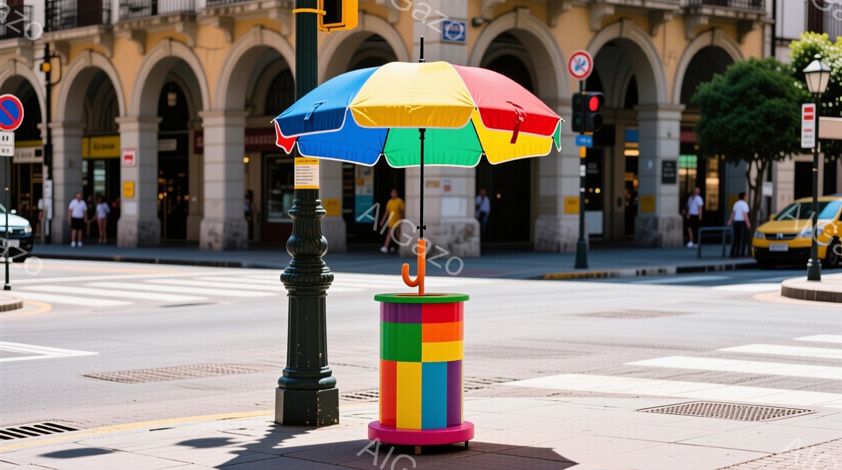 舗装された広場に、カラフルな虹色の傘と台座が設置されている。背景には、アーチ型の窓を持つ建物や木々が見え、晴天の下、人々が歩行している様子が伺える。全体的に明るく、活気のある都市の雰囲気が漂っている。 - AI生成フリー素材