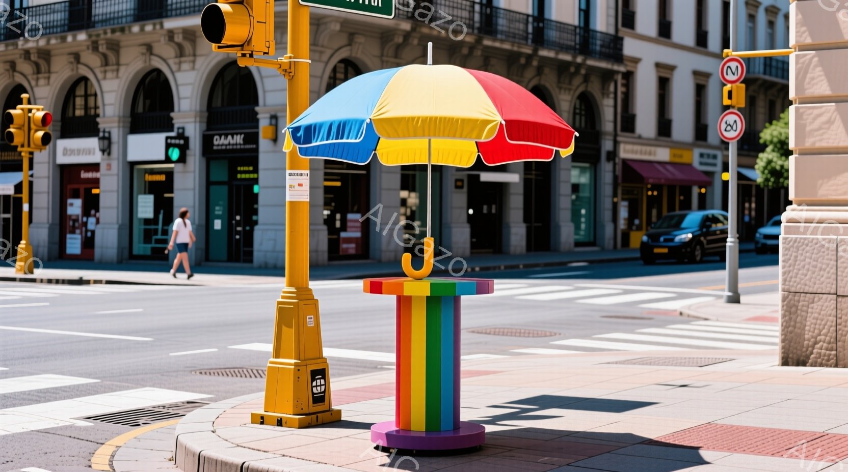 道路の真ん中に、虹色の傘が取り付けられた黄色い柱が立っている。背景には石造りの建物が並び、歩道には人が歩いているのが見える。晴天で、全体的に明るく、カラフルな雰囲気である。 - AI生成フリー素材