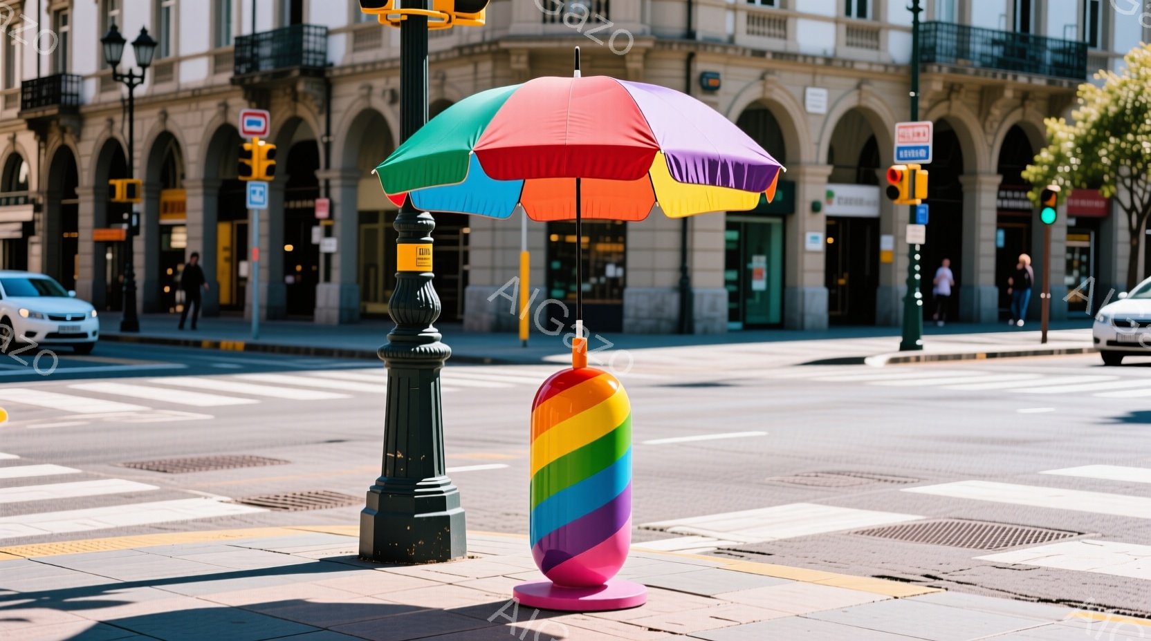 道路の中央に、虹色の柱と傘が設置されている風景です。柱は鮮やかな色で彩られ、傘は緑、青、紫とグラデーションがかかっています。背景には石造りの建物が並び、晴天の下、日差しが強く、活気のある都会の雰囲気で - AI生成フリー素材