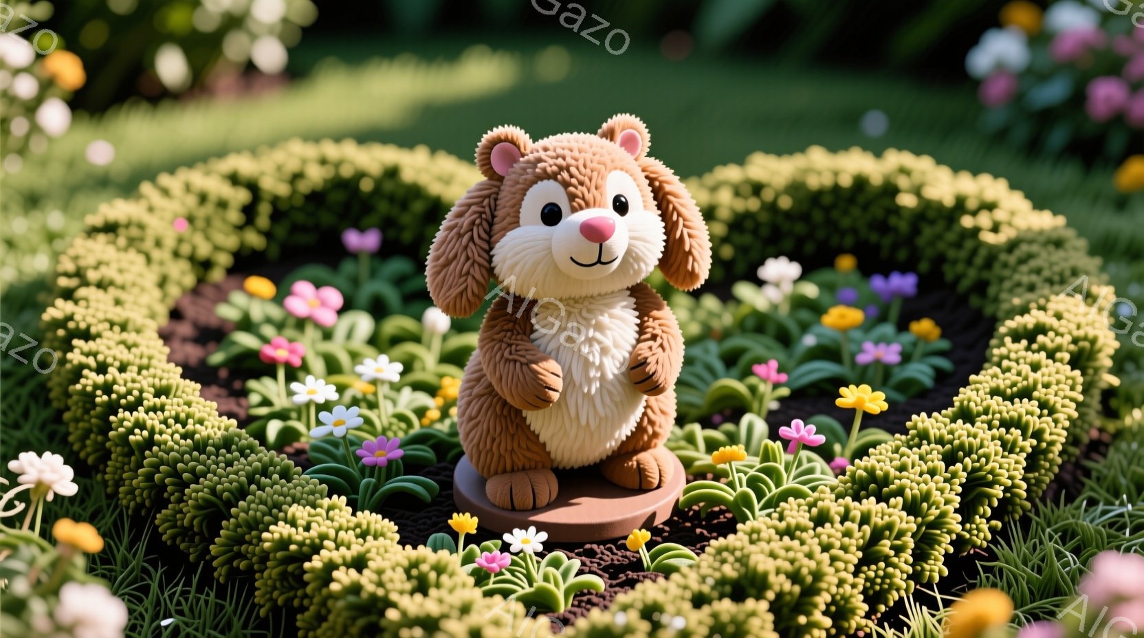 茶色いふわふわの動物の置物が、緑豊かな花壇の中心に立っている。その動物はつぶらな瞳と愛らしい笑顔を持ち、小さく丸い土台の上に立っている。背景には、様々な色の花が咲き乱れ、鮮やかな緑の植物が生い茂り、全 - AI生成フリー素材