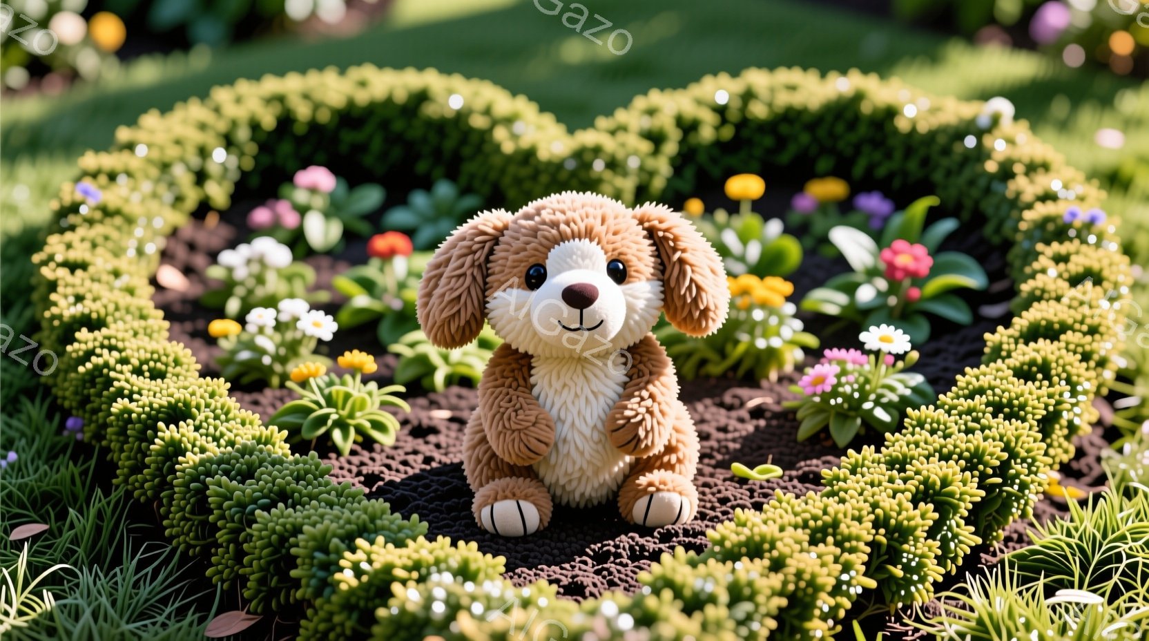 柔らかい茶色の毛並みの犬のぬいぐるみがお庭に座っています。周りには様々な色の花が咲き乱れ、緑の低い生垣が円形に配置されて、ぬいぐるみを囲んでいます。全体的に、暖かく、穏やかで、可愛らしい雰囲気が漂って - AI生成フリー素材