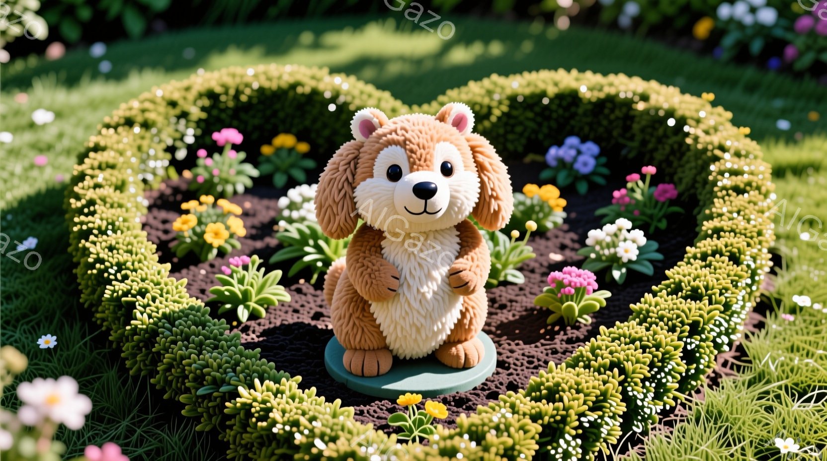 緑豊かな庭園の中に、テディベアのような犬の置物がハート型の生垣に囲まれて配置されています。その犬は茶色とクリーム色の毛並みで、愛らしい表情を浮かべており、明るい日差しの中で可愛らしさを際立たせています。背景には、様々な色の花が咲き乱れ、穏やかで温かい雰囲気を醸し出しています。