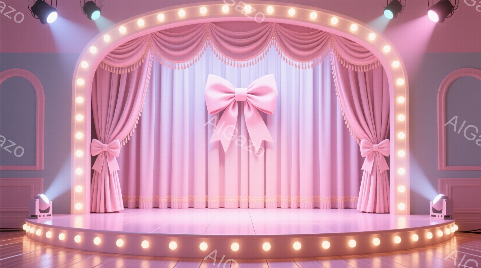 薄桃色のカーテンが舞台全体を覆っており、左右には大きなリボンが付いています。舞台の周りには電球が連なり、明るく華やかな雰囲気を演出しています。床は光沢のある木製で、舞台はまるでパフォーマンスやショーのために作られた空間のようです。
