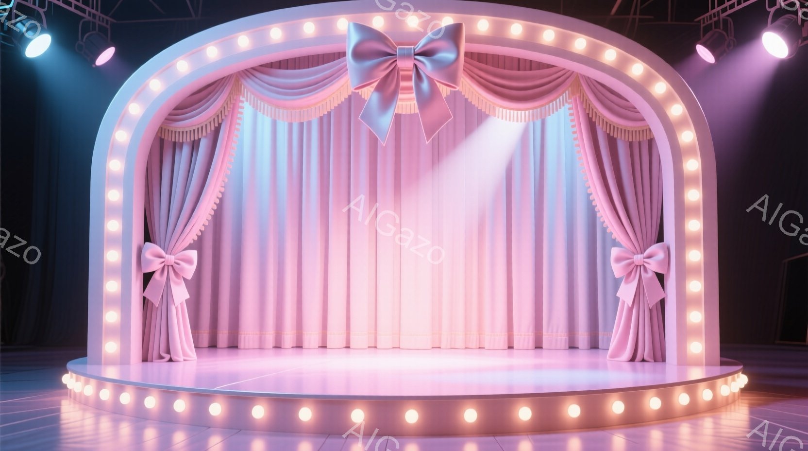 舞台は薄いピンク色のカーテンで覆われ、ステージの縁には明るい電球が並んでいます。上部中央には大きなリボンが飾られ、柔らかな光がカーテンの中心を照らしています。全体的に優雅で夢のような、華やかな雰囲気のステージです。