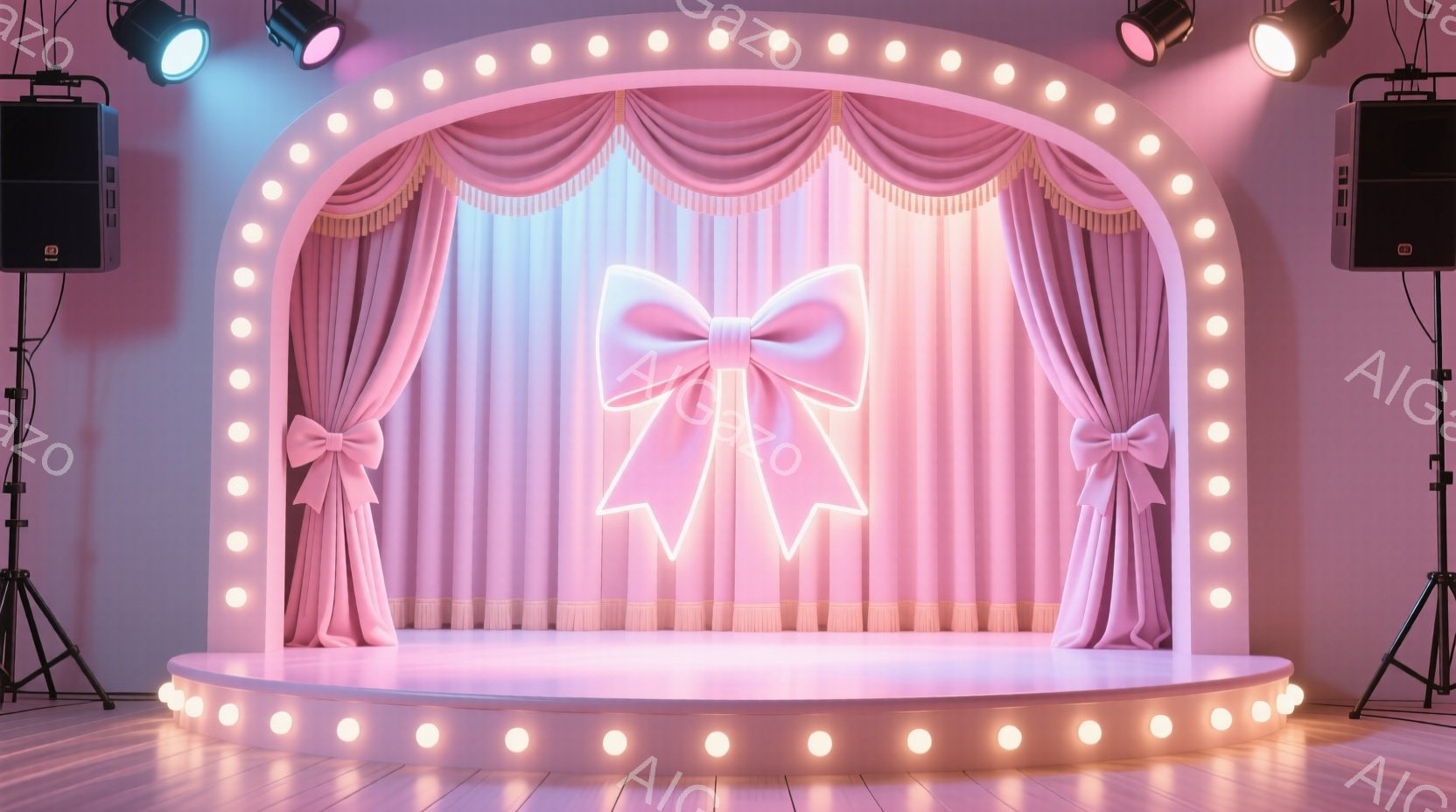 明るいピンク色の舞台が中央に位置し、豪華なドレープと大きなリボンが飾られています。舞台の周囲には白い光の連続が並び、両サイドには黒いスポットライトが設置されています。全体的に華やかで、パフォーマンスやショーの準備が整ったような雰囲気を醸し出しています。