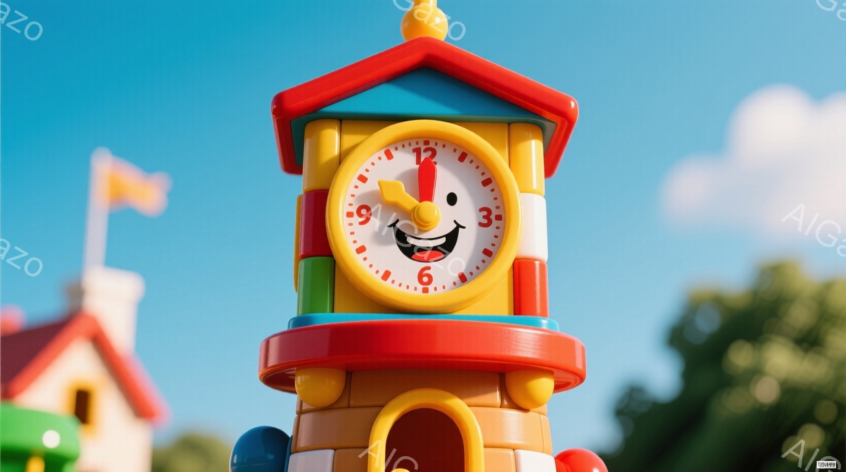 カラフルな遊園地の一部である、大きな振り子時計のクローズアップです。時計の文字盤は笑顔で、全体的に明るく陽気な雰囲気です。背景には、他のカラフルな建物、緑豊かな木々、そして晴れた青空が広がっています。 - AI生成フリー素材