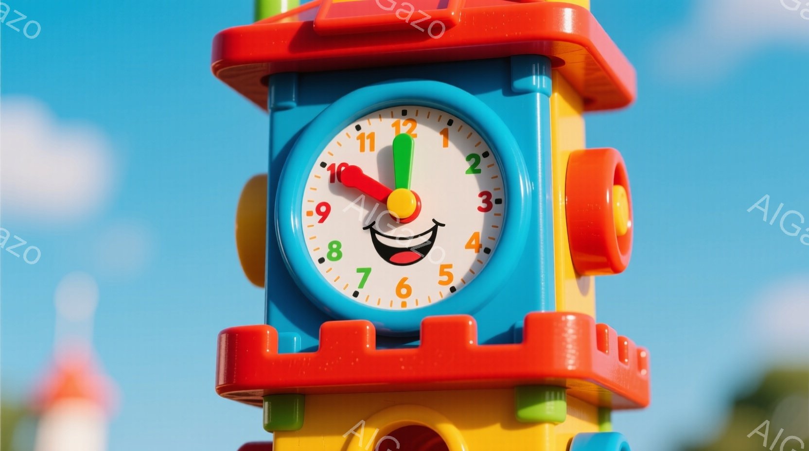 明るい青空を背景に、カラフルな積み重ねられたおもちゃの塔が写っています。塔は赤、青、黄色、オレンジ色で構成され、最上部には時刻が10時10分を示す時計が付いています。全体的に、子供向けの楽しくて陽気な - AI生成フリー素材