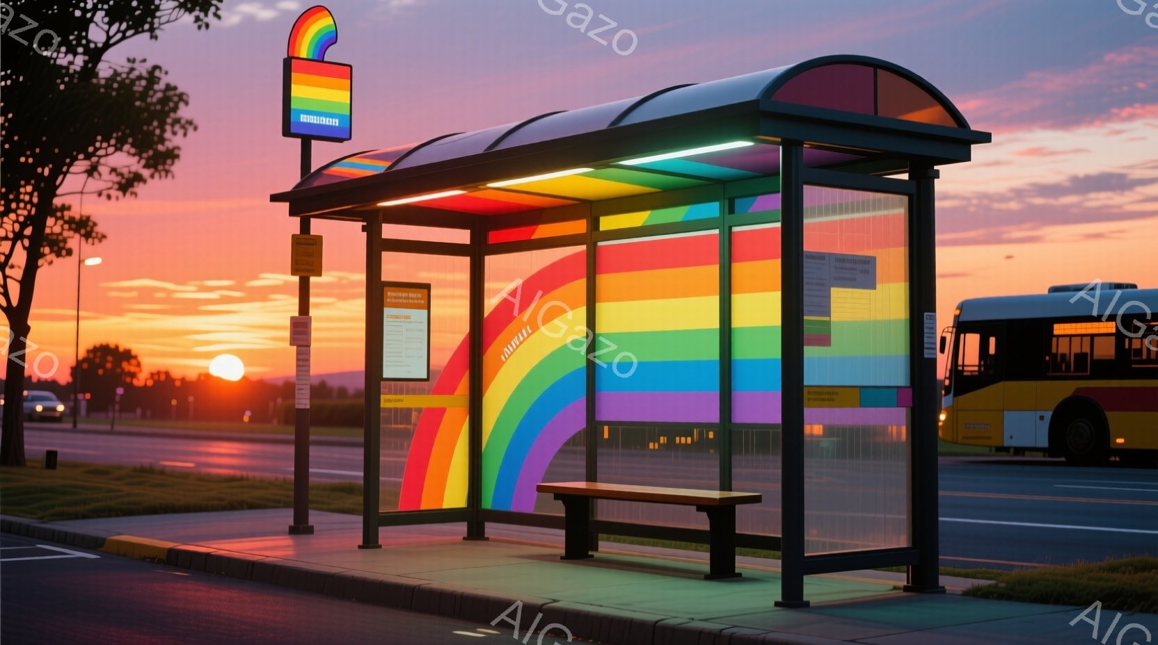 虹色に彩られたバス停が写っています。夕焼け空の下、バス停の壁面は赤、橙、黄、緑、青、藍、紫の鮮やかなグラデーションで覆われ、平和と希望の雰囲気を醸し出しています。道路には黄色いバスが写り、背景には緑の草地が広がり、穏やかな黄昏時の光景が広がっています。