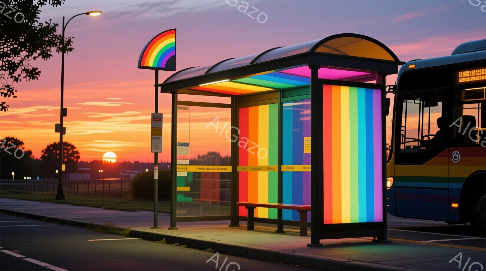 バス停が虹色に彩られ、夕焼け空の下で鮮やかなコントラストを呈している。道路にはわずかに車が走り、遠くには緑豊かな木々が広がっている。暖かく穏やかな雰囲気で、どこか懐かしい気持ちにさせる情景だ。