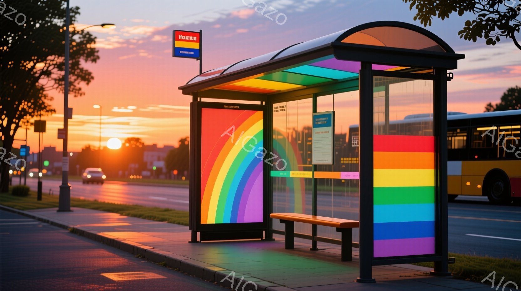 虹色のバス停が、夕焼け空の下に建っている。道路には数台の車が走り、遠くにはバスが見える。全体的に穏やかで、夕暮れ時の静けさが感じられる、平和な雰囲気だ。 - AI生成フリー素材
