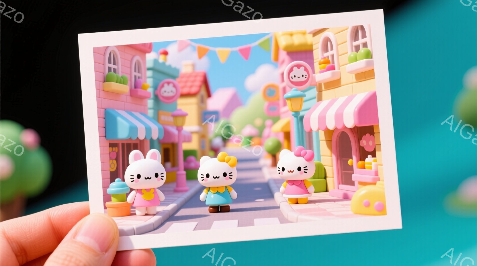 3体の可愛らしいキャラクターが、パステルカラーの街並みを背景に立っています。それぞれ異なる色の服を着ており、笑顔で正面を見つめています。背景には、カラフルな建物や木々が並び、温かく穏やかな雰囲気が漂っています。