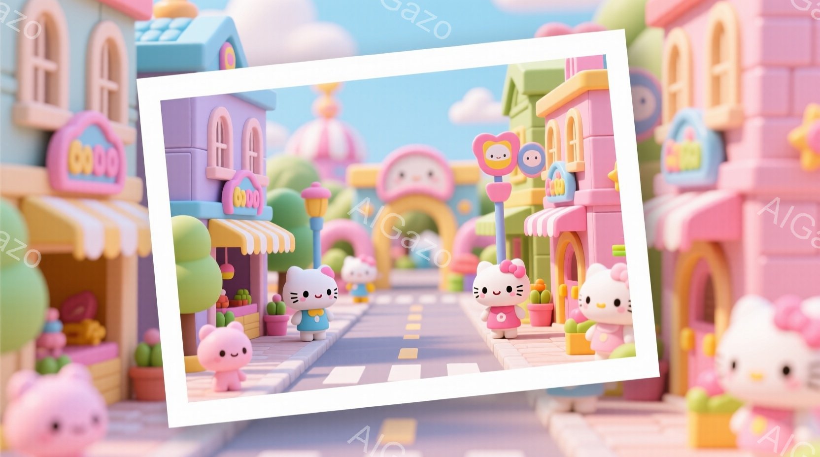 桃色の可愛らしい街並みが描かれています。ハローキティのキャラクターが道路に沿って配置され、それぞれ異なるポーズをとっています。建物はパステルカラーで統一されており、道路には横断歩道が描かれ、全体的に夢 - AI生成フリー素材