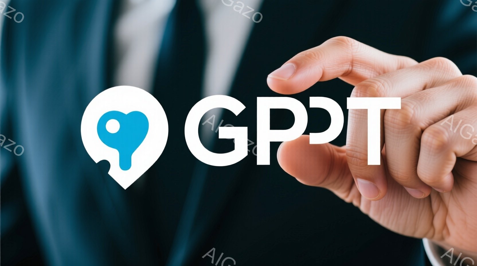 白い背景に、ピンのアイコンと文字「GPT」が大きく表示されています。男性が紺色のスーツと白いシャツを着ており、指で「GPT」の文字を強調するようにアイコンと文字を握っています。全体的に、テクノロジー、場所、またはビジネスに関連する概念を象徴する、プロフェッショナルで近未来的な雰囲気が漂っています。