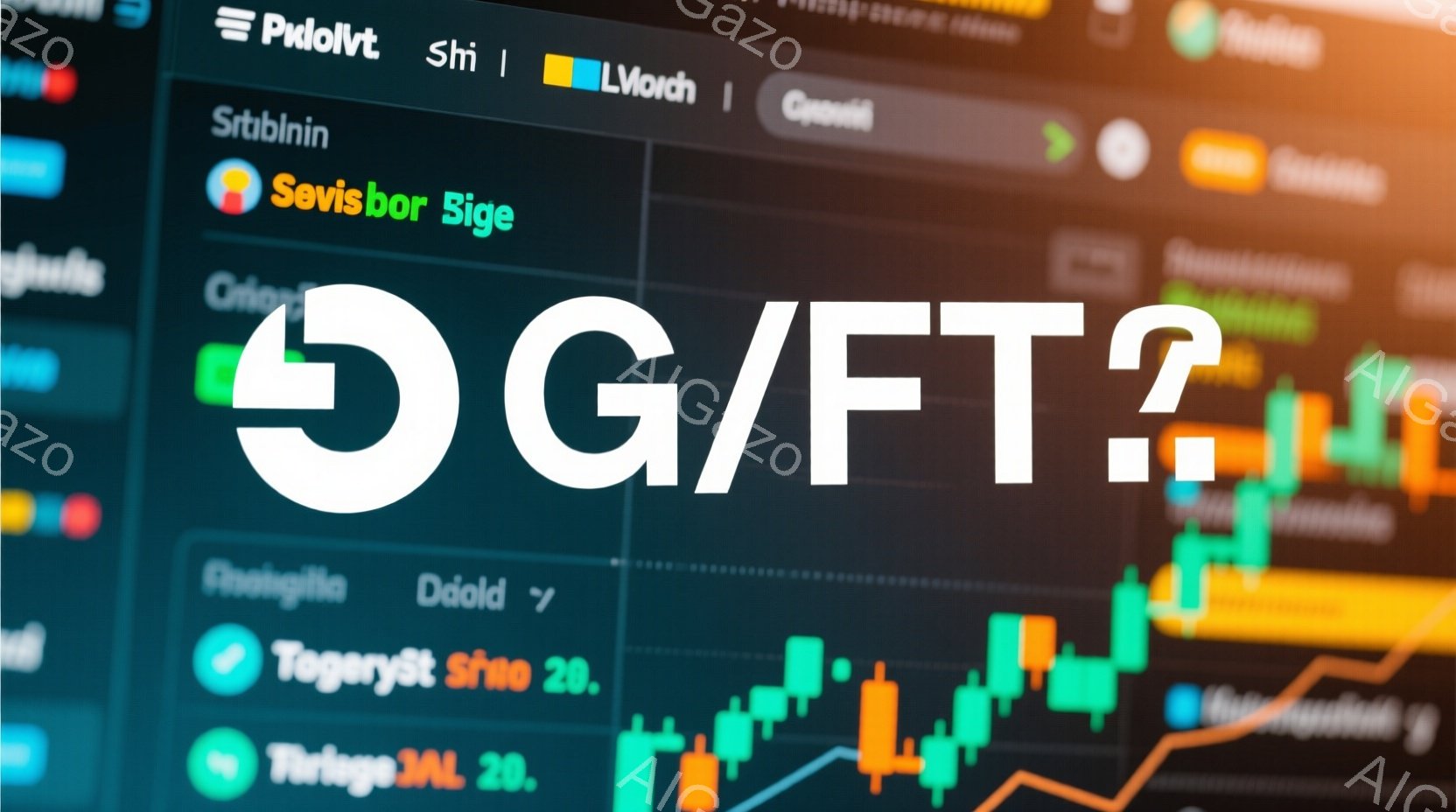 金融市場のチャートを表示したスクリーンショットです。緑と赤のろうそく足チャートが目立ち、上昇と下降のトレンドを示しています。背景には、様々なデータや名前が記載された薄暗いインターフェースがあり、専門的な金融分析の雰囲気を醸し出しています。