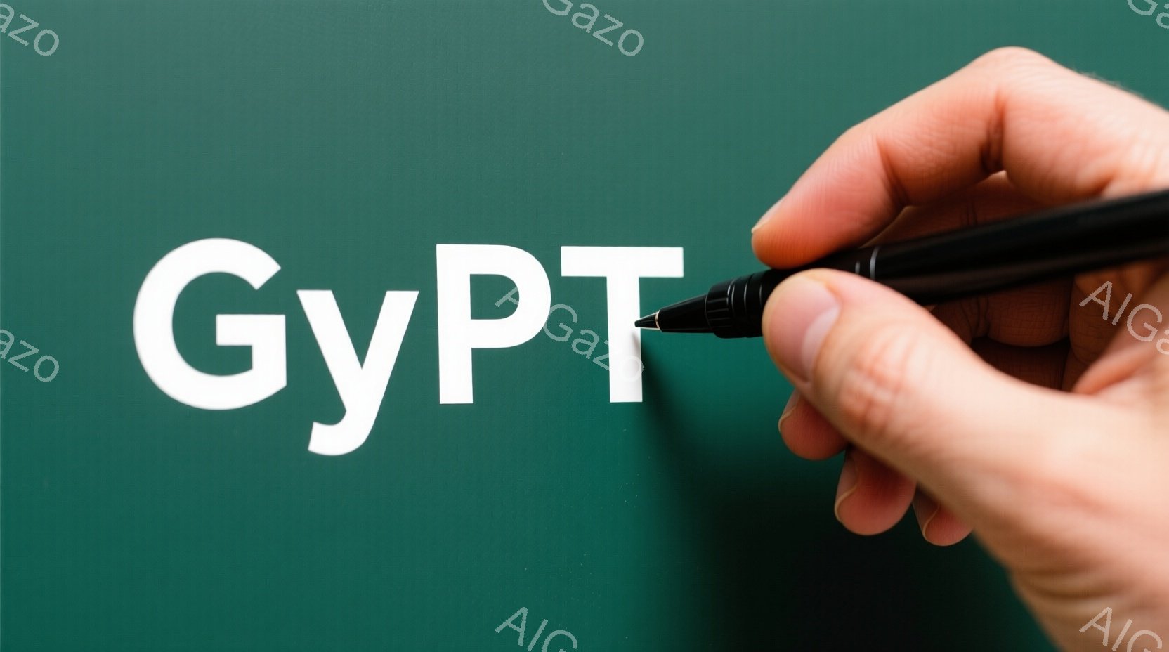 白い文字で「GyPT」と書かれた暗緑色の背景に、片手で黒いペンが触れようとしている様子が写っています。手は茶色系の肌をしており、ペンは手先でしっかりと握られています。 全体的に、技術や創造性を表現した - AI生成フリー素材