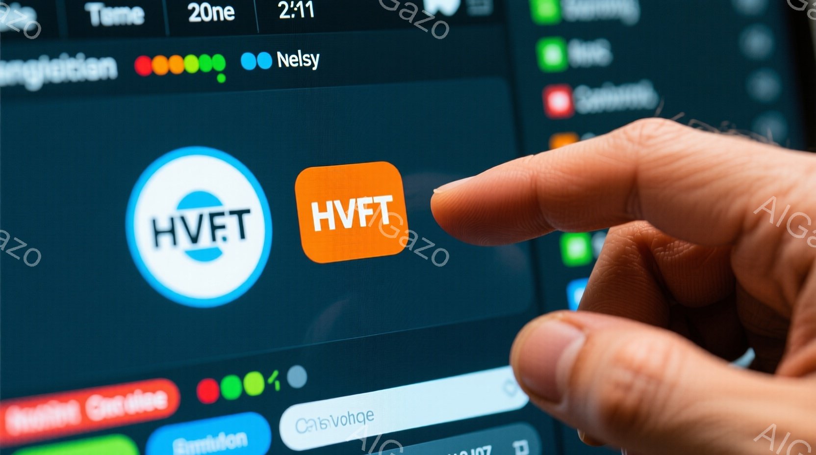 画面には、オレンジ色の背景に白い文字で「HVFT」と書かれたアイコンが2つ表示されています。指が右側のアイコンをタップしようとしている様子で、画面には様々なテキストやアイコンが並んでいます。全体的にデジタルな雰囲気で、暗い背景に明るい色使いが目を引きます。