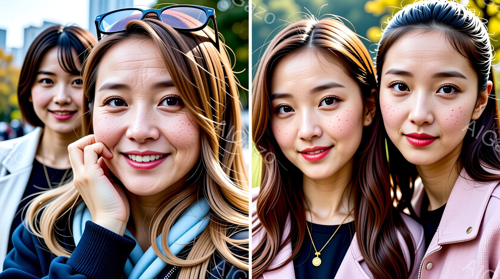 2人の若い女性が写っています。一人は黒いセーターを着て、髪を後ろで束ね、微笑んでいます。もう一人は、水色のジャケットを着て、茶色の髪を肩にかけ、頬にそばかすがあり、口紅を塗って、両手で頬を包み込んでい - AI生成フリー素材