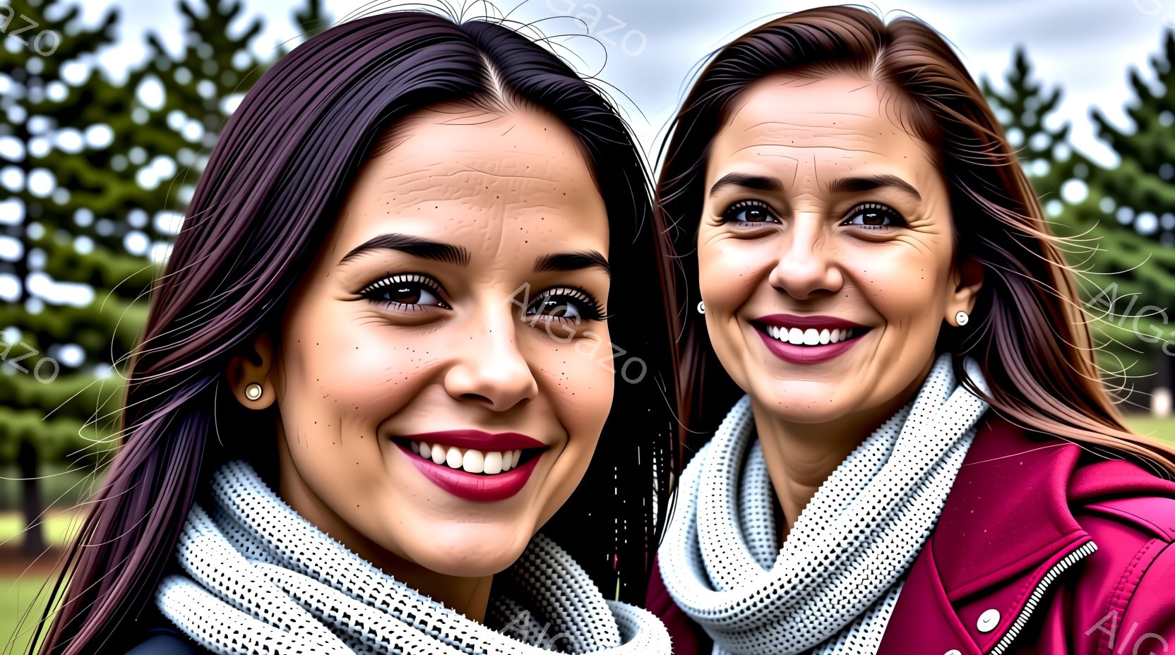2人の女性が自然の中で撮られた自動集合写真です。女性たちは笑顔を見せており、表情が明るく元気な印象を与えます。 両者ともに長い髪型で、上半身にスカーフを巻き、下半身はカジュアルな服装で、背景は草や木が - AI生成フリー素材