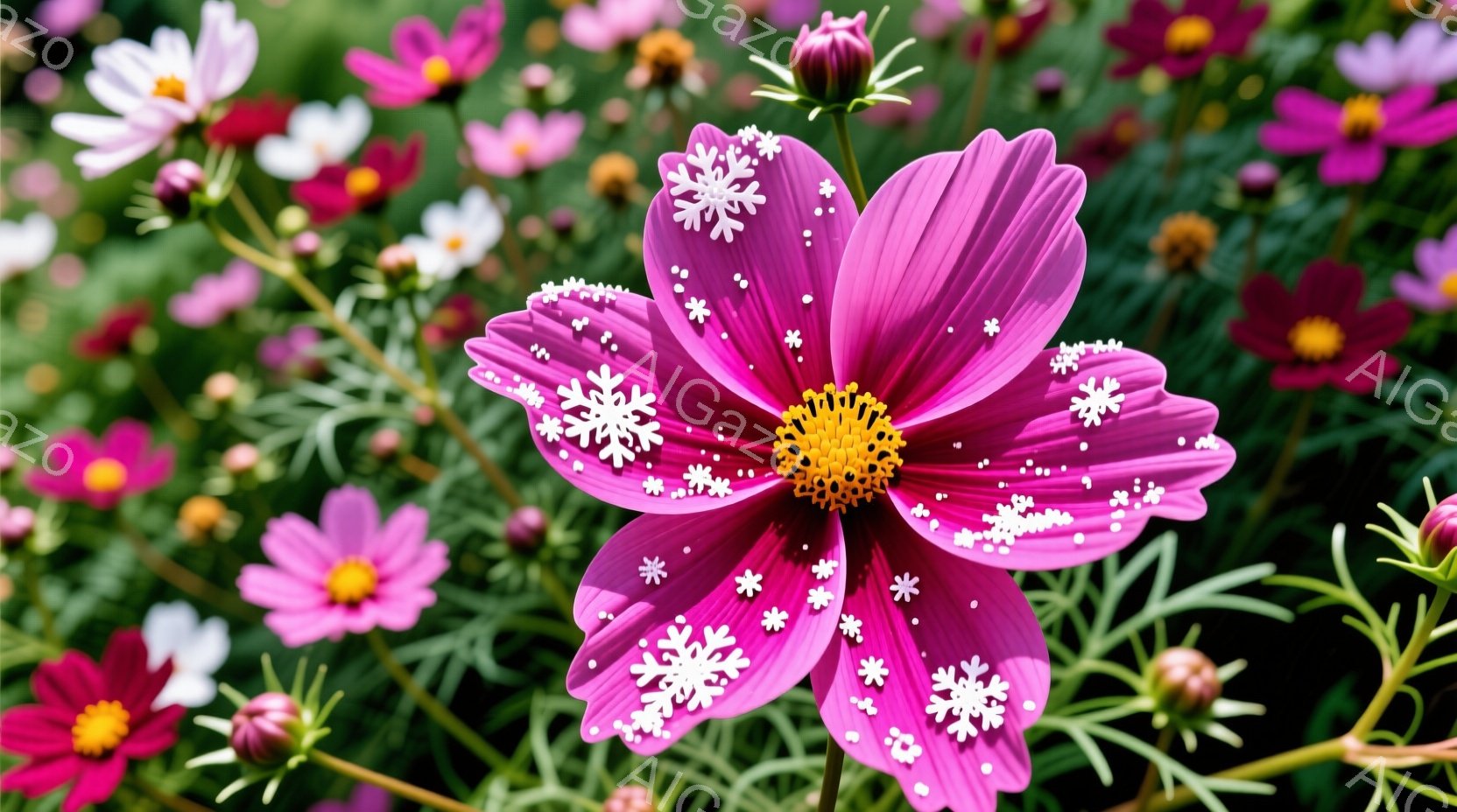鮮やかなピンク色のコスモスが咲き誇り、花びらには小さな白い雪の結晶模様が散りばめられています。背景には緑の葉と他の色のコスモスがぼやけて見え、暖かく明るい夏の日の自然の美しさを表現しています。花の中心部には鮮やかな黄色の花粉が咲き、全体として夢幻的で可愛らしい雰囲気を醸し出しています。