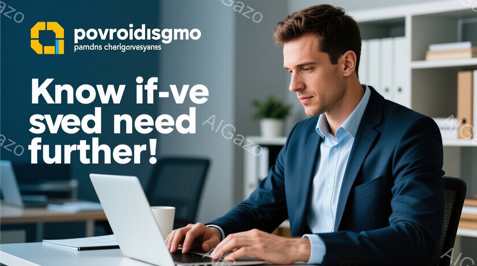 スーツと青いシャツを着た男性が、明るいオフィスでノートパソコンに向かってタイピングしている。彼は真剣な表情で、集中して作業に取り組んでいる様子が伺える。背景には白い棚や植物が見え、全体的に清潔感があり - AI生成フリー素材