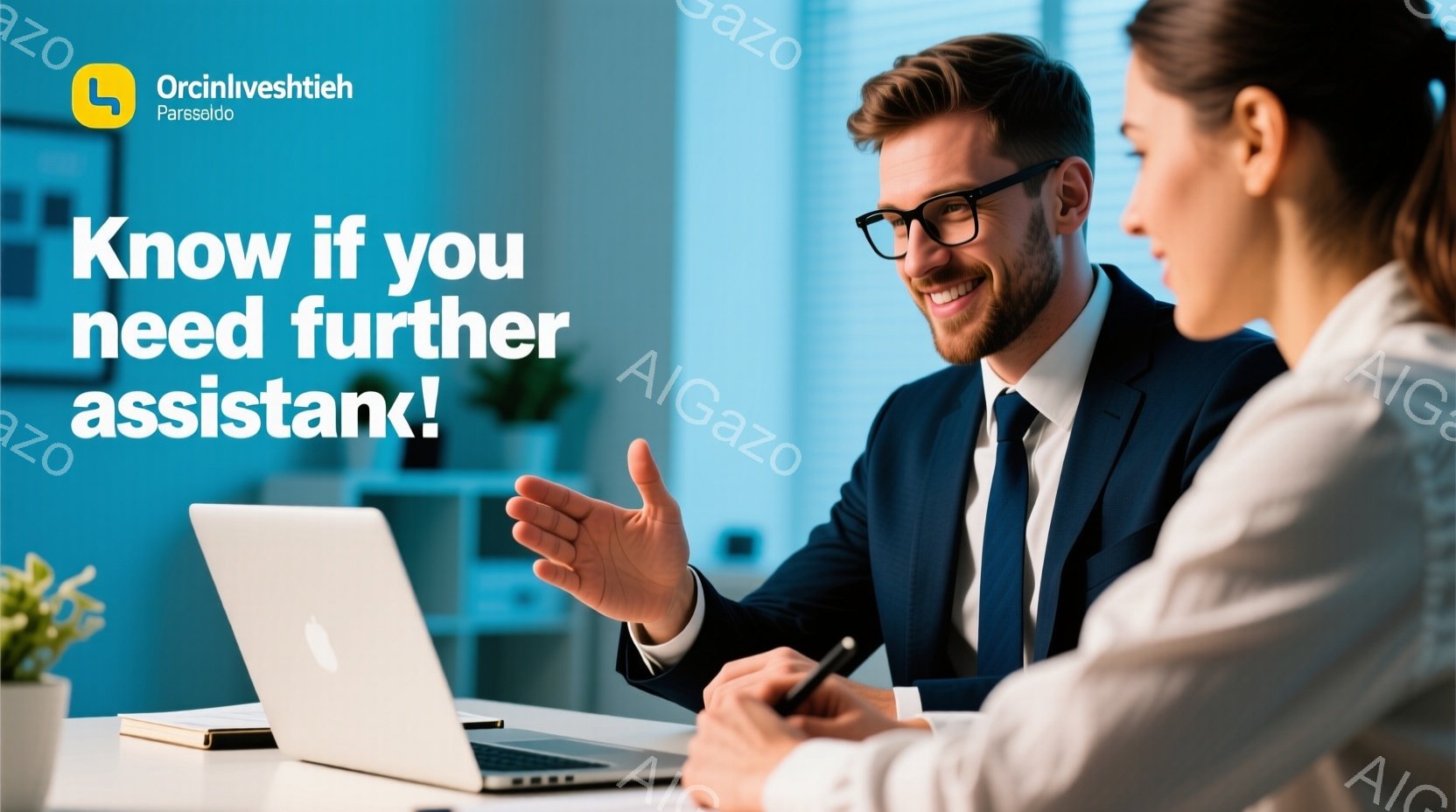 ビジネスマンは紺色のスーツを着ており、明るい笑顔で女性と対面しています。彼は片手を広げて何かを説明している様子で、女性はペンを持ち、熱心に話を聞いています。背景にはモダンなオフィス空間が見え、明るく活 - AI生成フリー素材