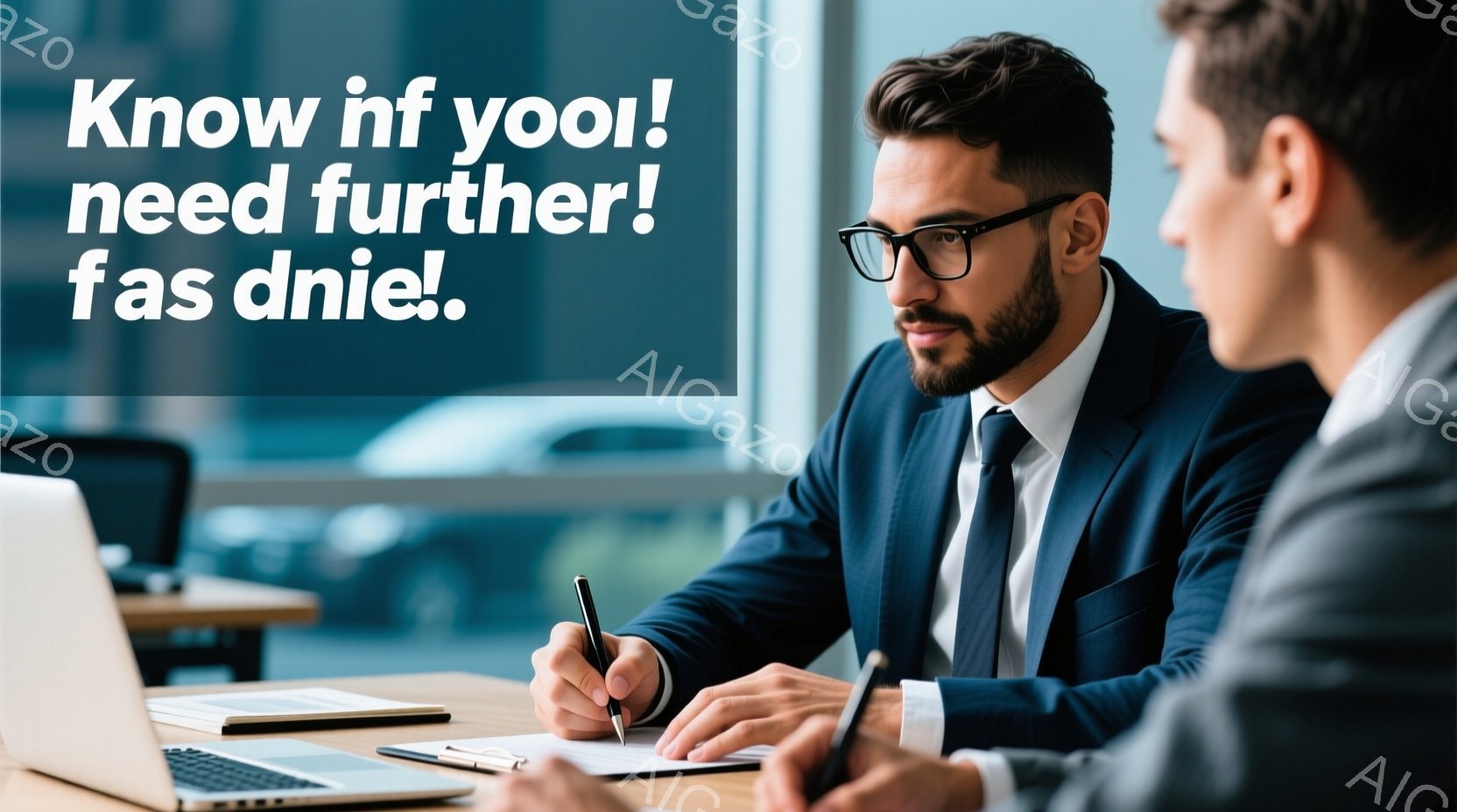 ビジネスマンが会議室で書類に署名している様子が写っている。彼はダークグレーのスーツにネクタイ、整髪された髭と髪型で、真剣な表情でペンを持っている。背景にはオフィスの一室が広がり、窓の外には高層ビルが見 - AI生成フリー素材