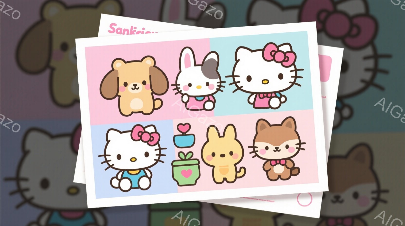 キティ、ポムポムプリン、シナモロールのキャラクターが描かれています。各キャラクターは可愛らしい服装を身につけ、笑顔で立っており、背景にはパステルカラーのピンク色が広がっています。全体的に明るく、温かい - AI生成フリー素材