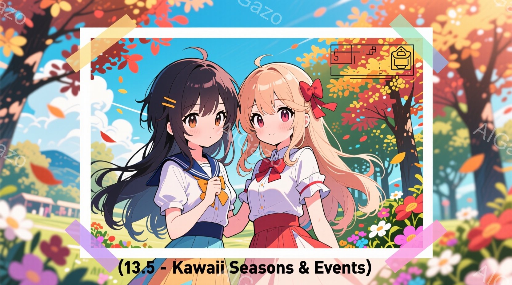 二人の少女が並んで立っており、制服を着ています。黒髪の少女はリボンで髪を結い、赤いスカートに白いセーラー服、そして黄色いネクタイをつけています。金髪の少女は赤いリボンで髪を結い、同じような制服を着ており、二人とも笑顔で、背景には花々が咲き乱れる公園や建物が見え、暖かい春の日のような雰囲気が漂っています。