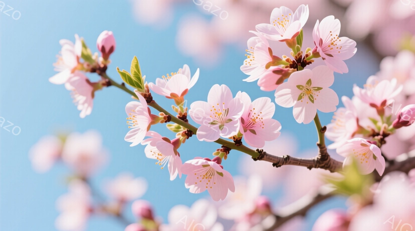桜の枝が青空を背景に咲き誇っている。淡いピンク色の花びらは、春の暖かさを感じさせる。新緑の葉も添えられており、生命力にあふれた、穏やかで美しい情景が広がっている。 - AI生成フリー素材