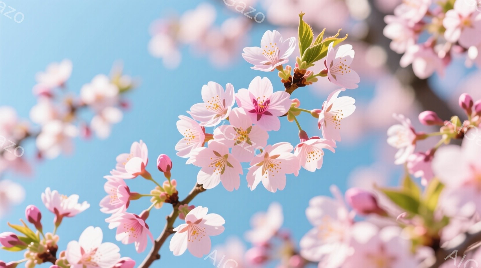 鮮やかな青空を背景に、桜の花が咲き誇る枝が捉えられています。淡いピンク色の花びらは美しく、一部にはまだ花蕾が付いており、春の始まりを感じさせます。背景の青空とのコントラストが、桜の鮮やかさを一層引き立 - AI生成フリー素材