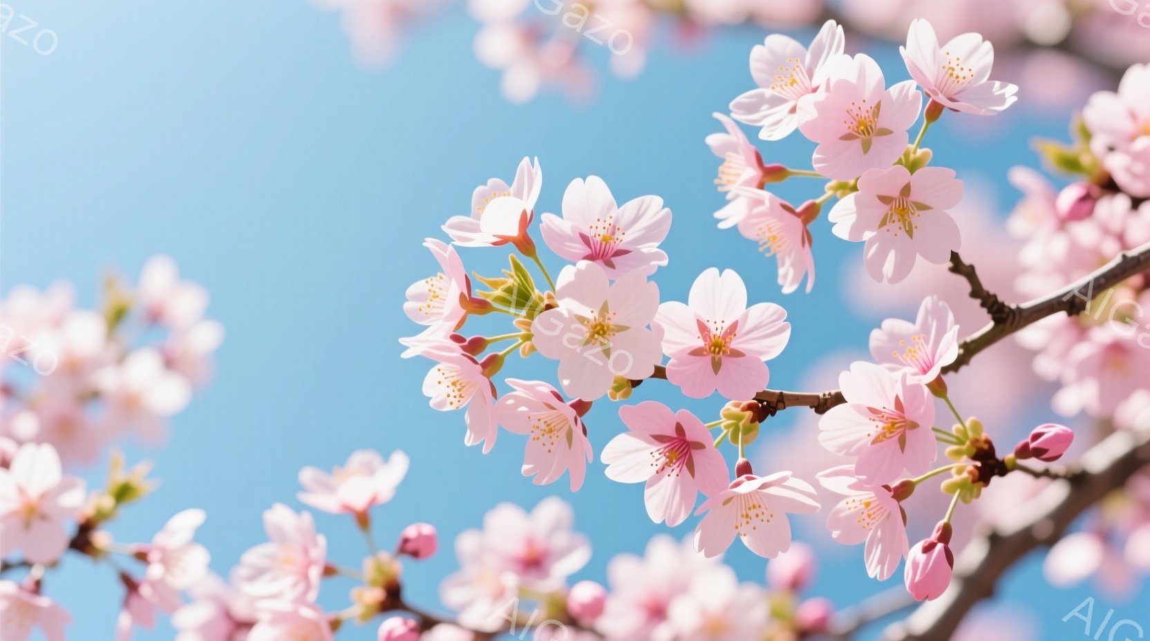 桜の花が咲き誇る枝が、鮮やかな青空を背景に写っている。淡いピンク色の花びらは繊細で、春の暖かさと優雅さを感じさせる。背景の空は澄み切っており、穏やかな春の日の雰囲気を伝えている。 - AI生成フリー素材