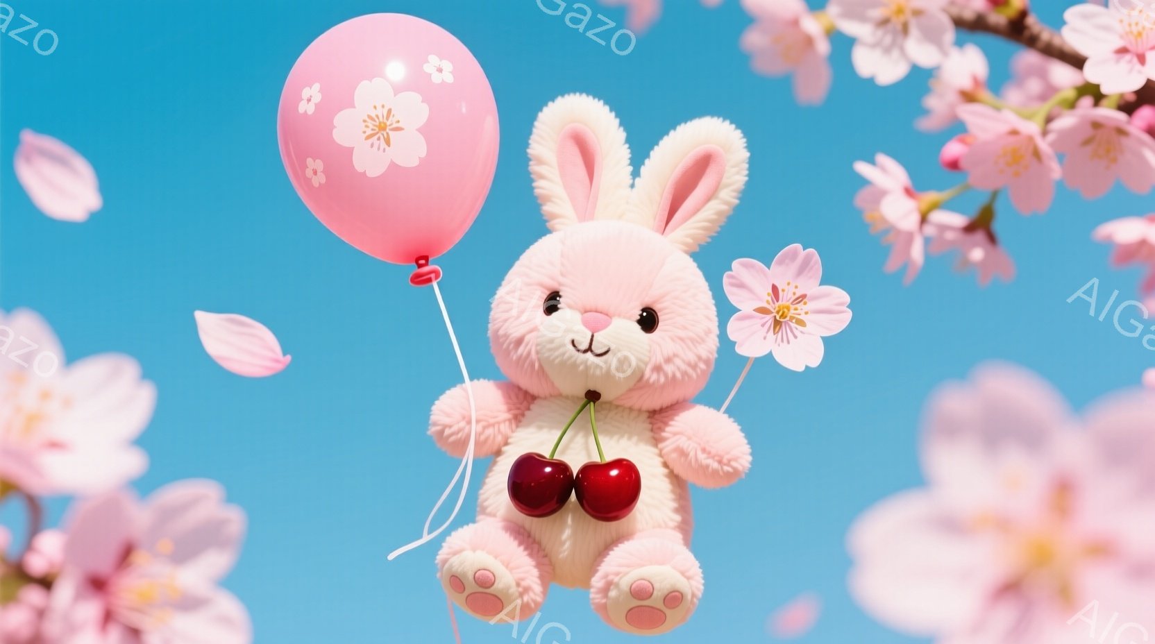 ふわふわのピンク色のウサギのぬいぐるみは、赤いチェリーを抱きしめ、ピンク色の桜模様の風船を持っています。背景は鮮やかな青空で、桜の花びらが舞い散り、春の暖かく穏やかな雰囲気を醸し出しています。ウサギは上を見上げていて、愛らしくて無邪気な表情をしています。