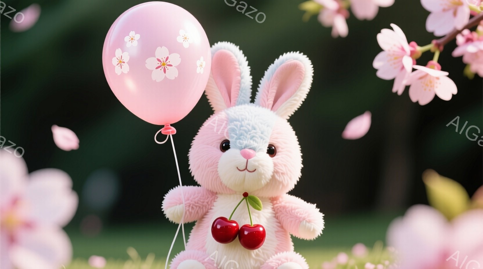 ふわふわのピンク色のウサギのぬいぐるみは、赤いチェリーの小さなブローチをつけており、桜柄の風船を持っています。背景には、桜の花びらが舞い散る桜の木があり、春の穏やかな雰囲気を醸し出しています。全体的に、可愛らしく、優しい印象を与える画像です。