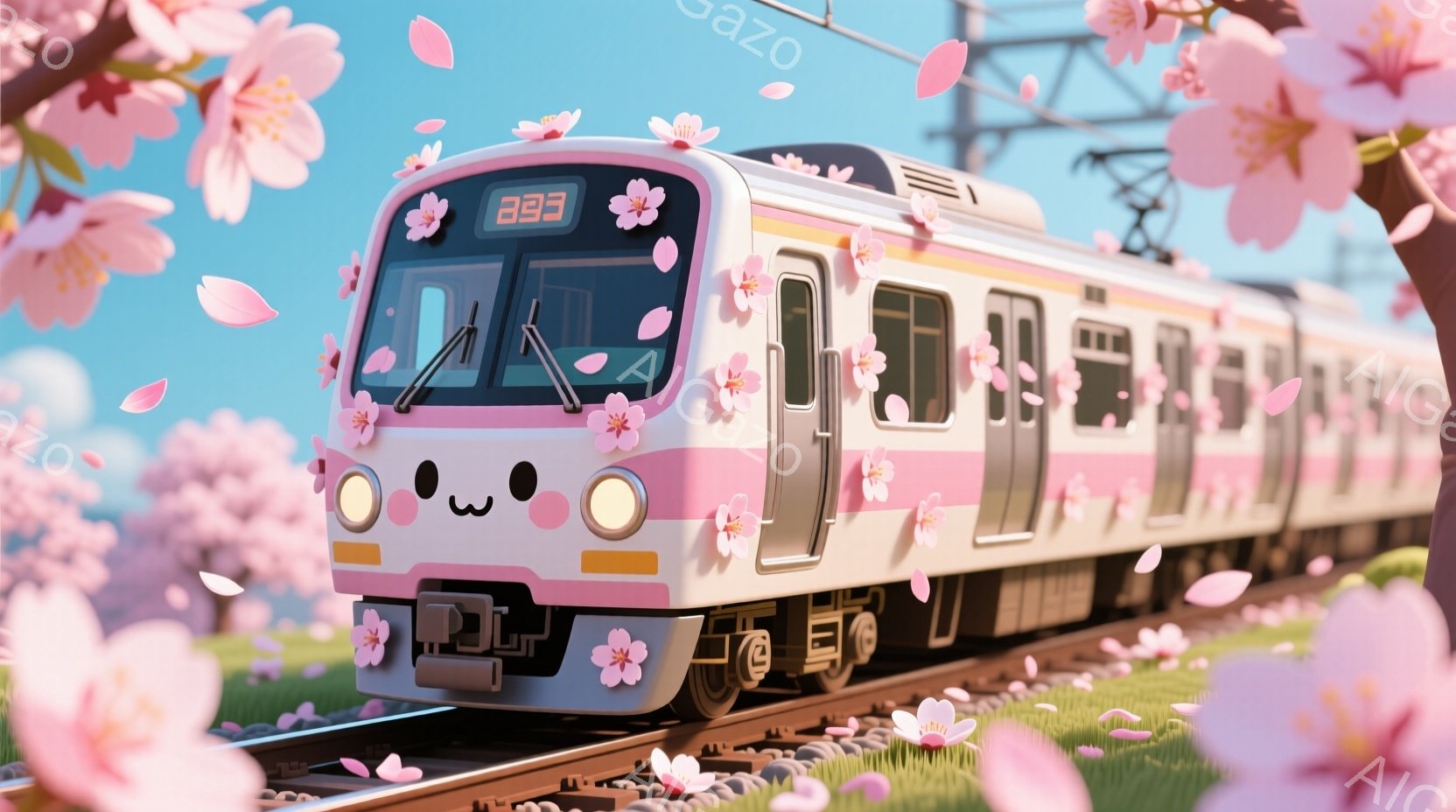 電車は可愛らしい顔と桜の花で飾られ、春らしい雰囲気を醸し出しています。ピンクと白を基調とした車体は、柔らかい光に照らされ、背景には緑の草地と青空が広がっています。桜の花びらが舞い散る様子が、暖かく幻想 - AI生成フリー素材