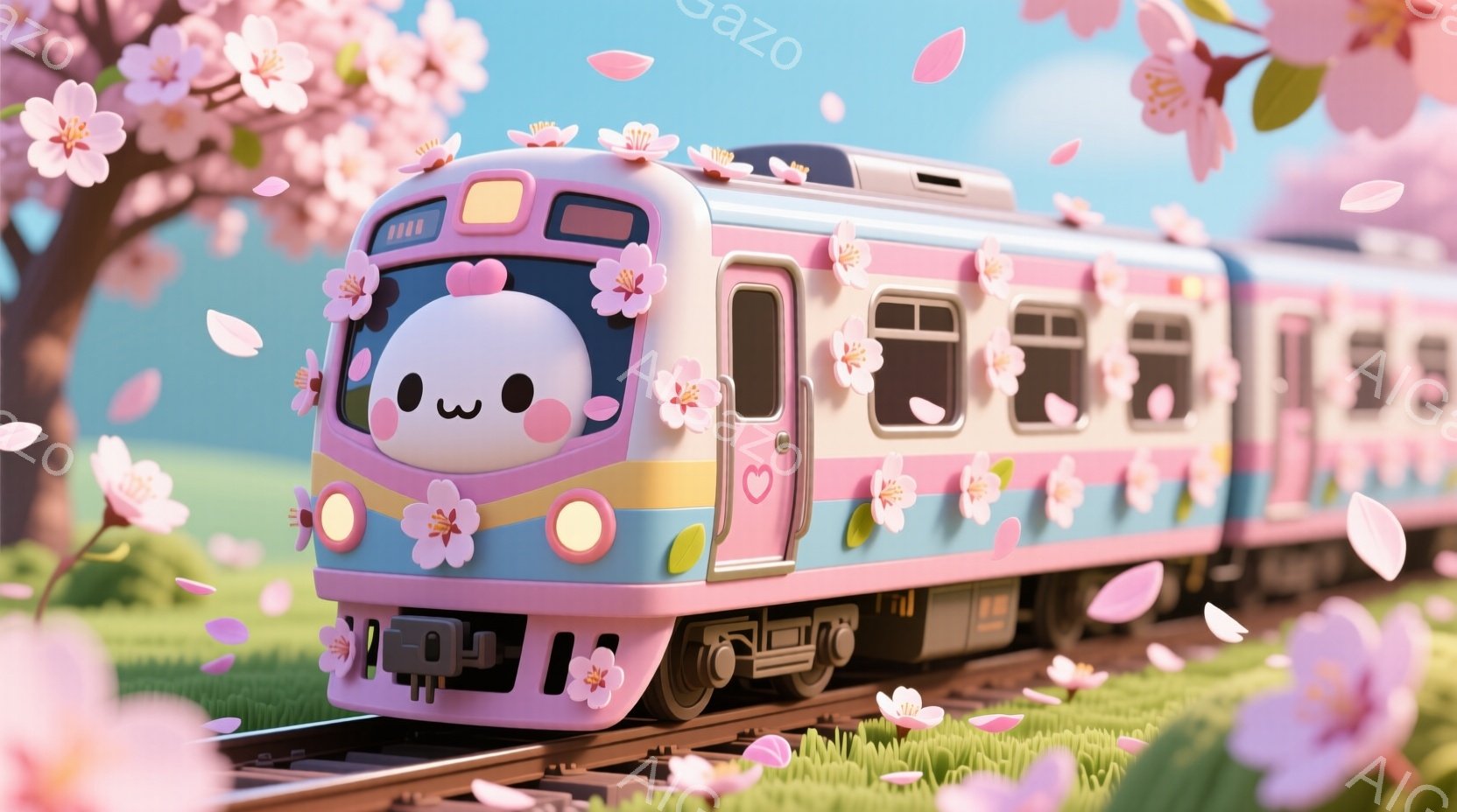 ピンク色の可愛らしい電車が、桜の花びらが舞う緑の草原を走っています。電車の前面には、大きな目と口があり、愛らしい表情をしています。背景は、柔らかな光に包まれた穏やかな春の日で、全体的に明るく幻想的な雰 - AI生成フリー素材